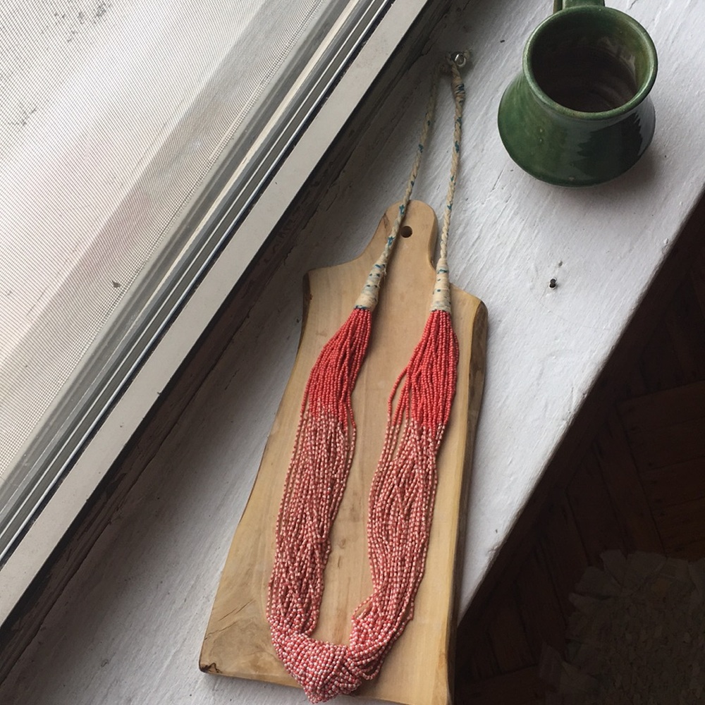 Boho chic pink, pearl and coral colored necklace